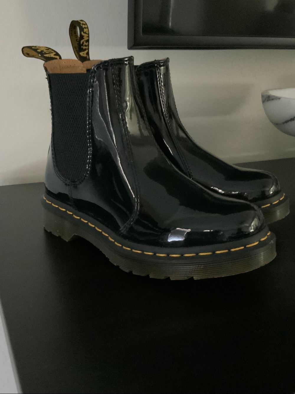Dr. Martens Black Patent Chelsea Boots with Yellow Stitching